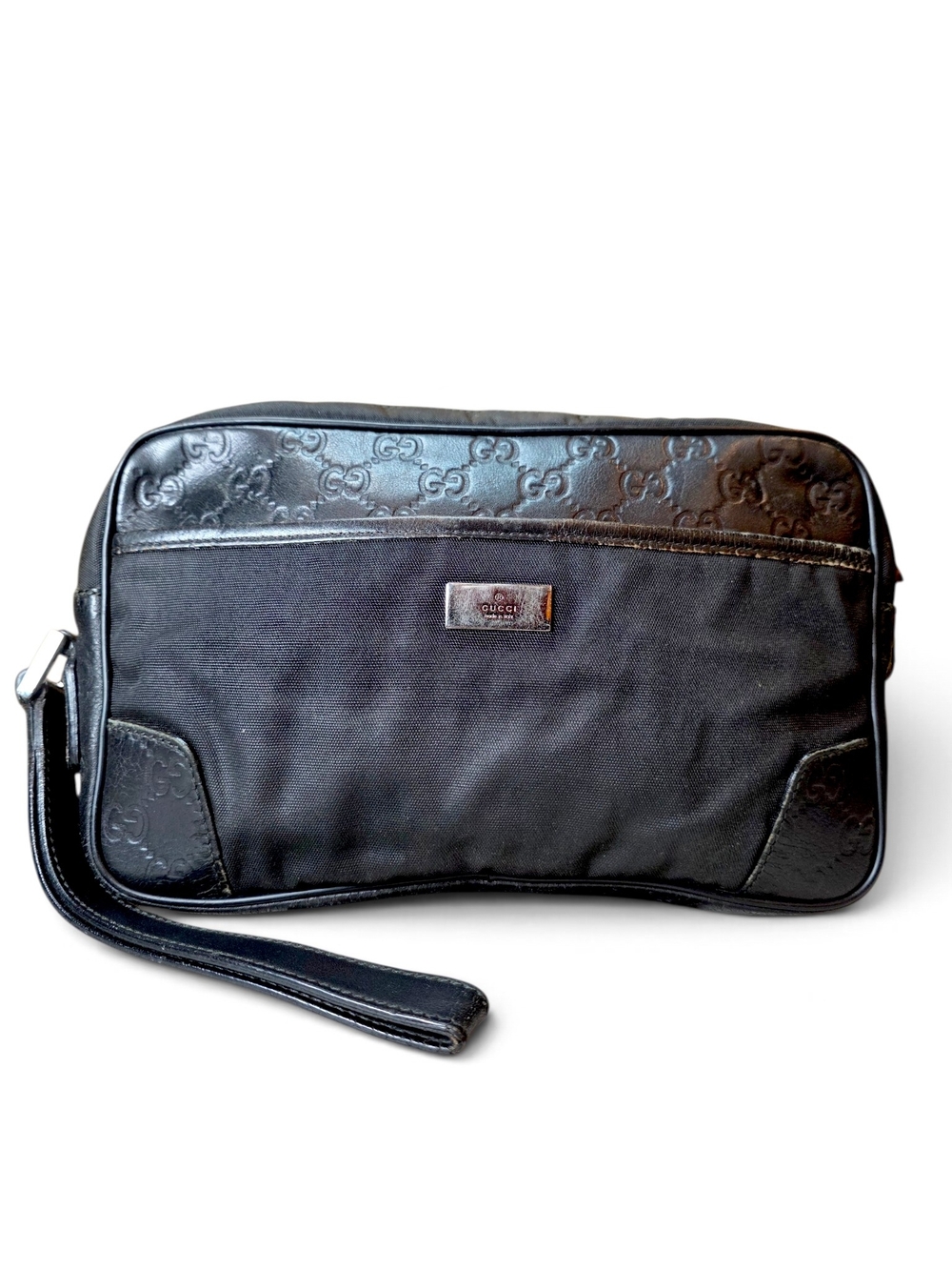 Gucci Black Unisex Toiletry Wrist Pouch Clutch with Embossed GG Trim
